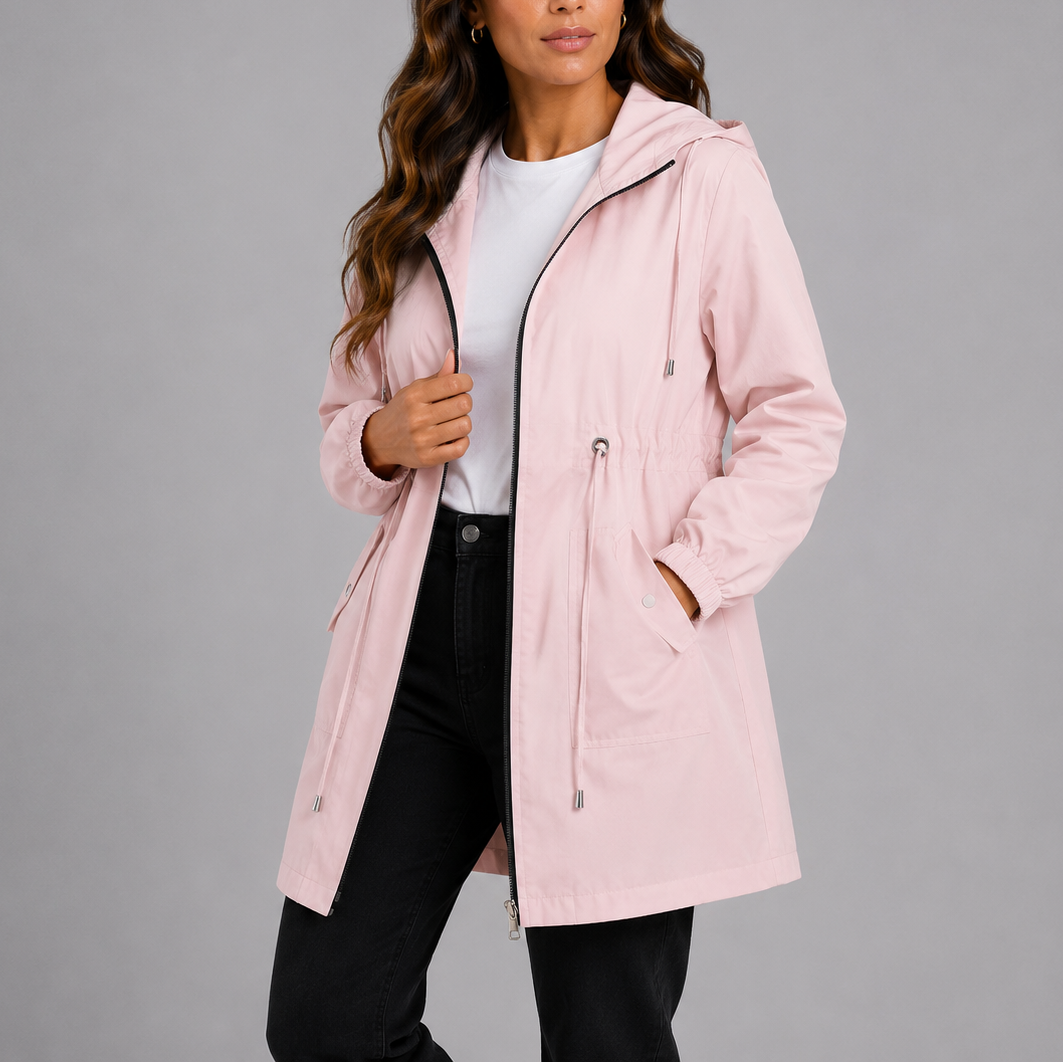 Women's Waterproof Rain Jacket Hooded Zip-Up Drawstring Lightweight Raincoat