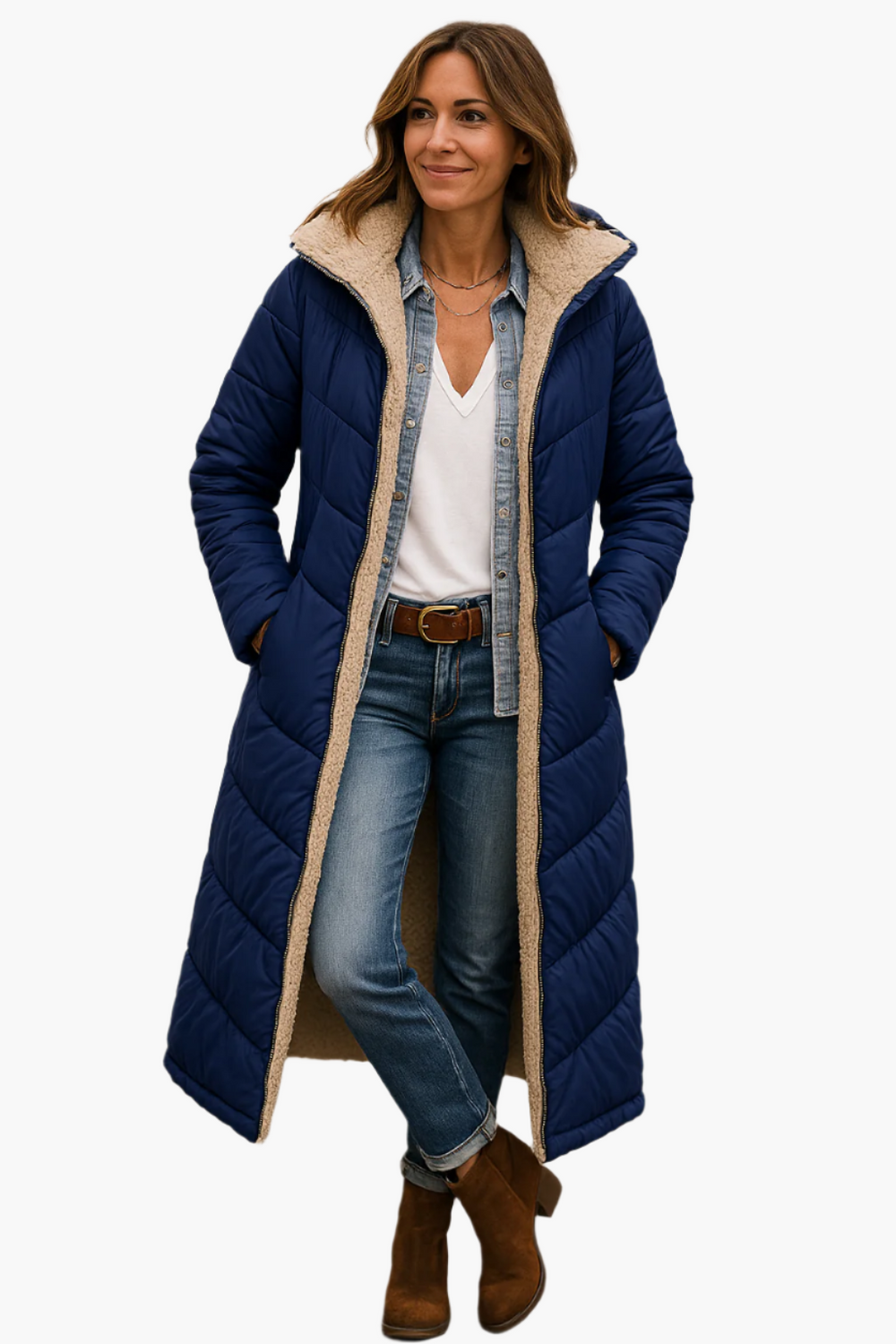 Navy long hooded quilted winter coat with tan sherpa trim, open front