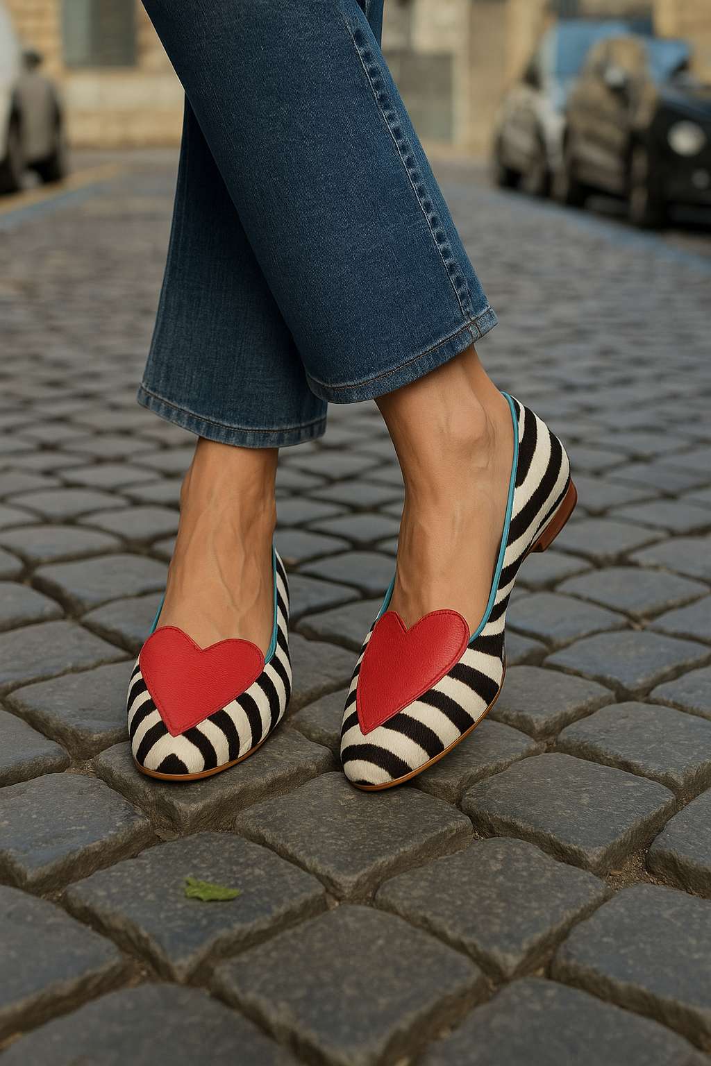 Red Pointed Zebra Print Casual Ballet Flats with Heart