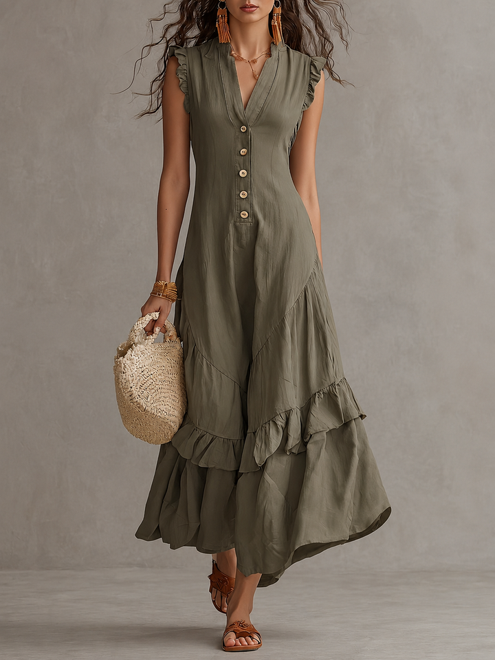 Winona | Vintage Button V-Neck Ruffle Maxi Dress