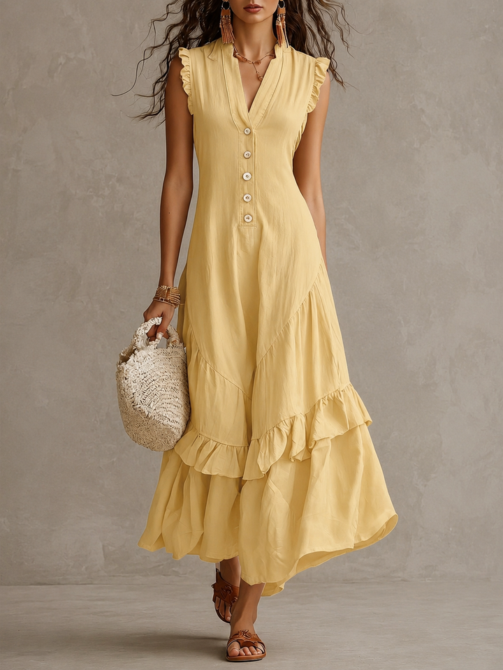 Winona | Vintage Button V-Neck Ruffle Maxi Dress