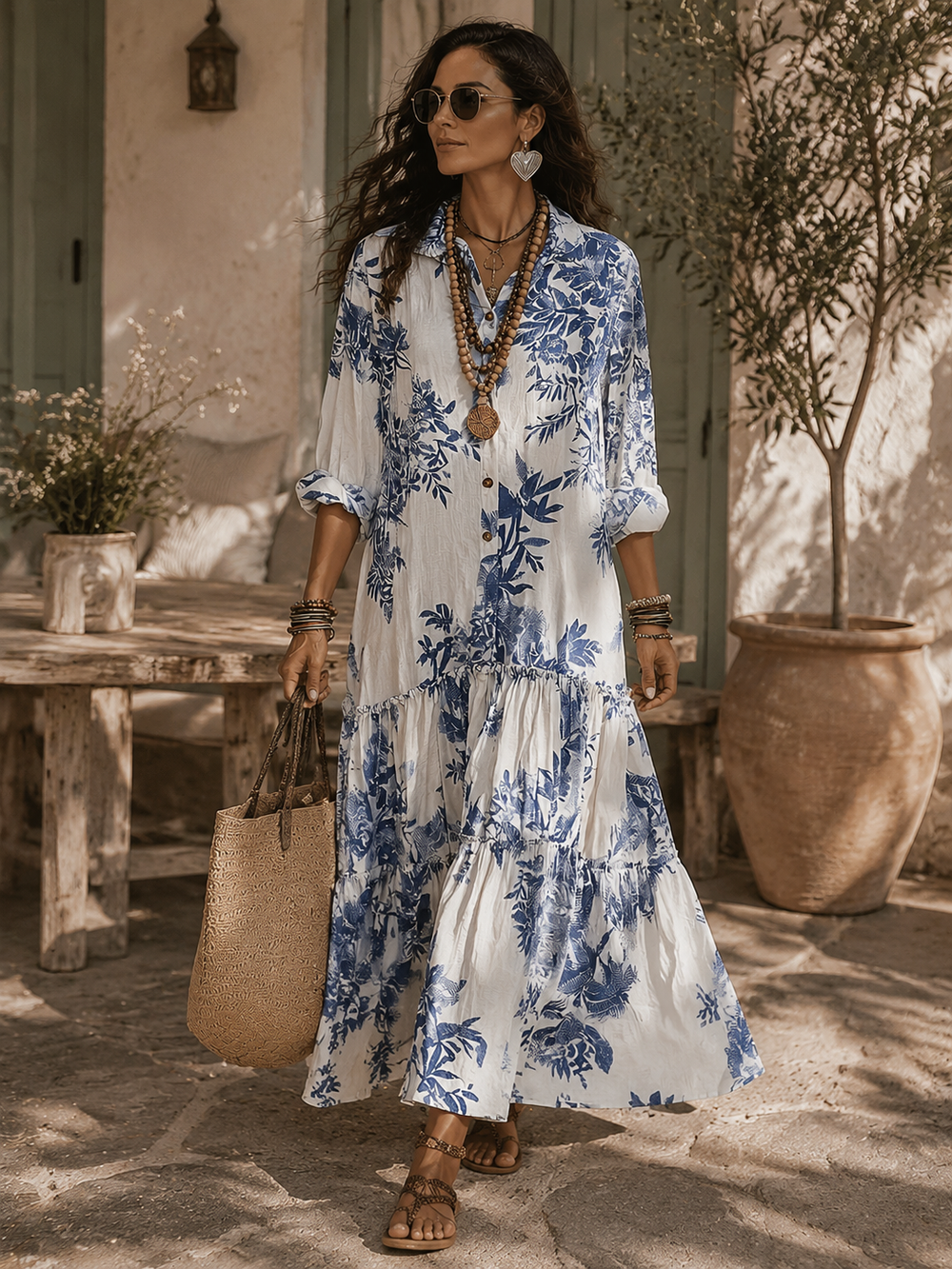 White tiered maxi dress with blue floral print and button front, three-quarter sleeves