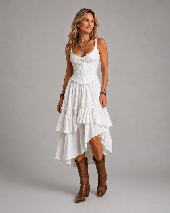 Retro Boho Corset Tiered Midi Dress With Lace Trim