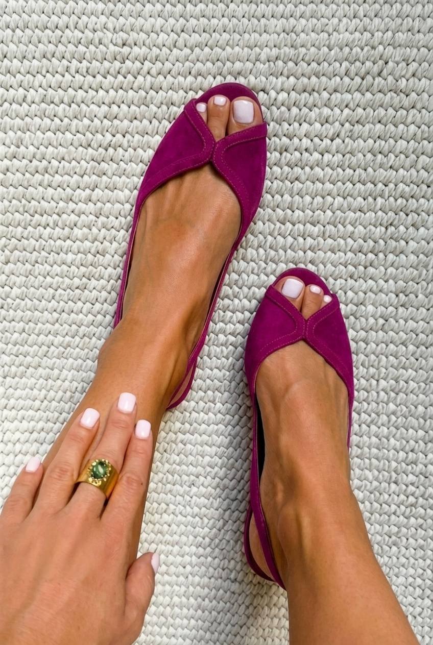Chic Fuchsia Faux Suede Peep Toe Slingback Flats