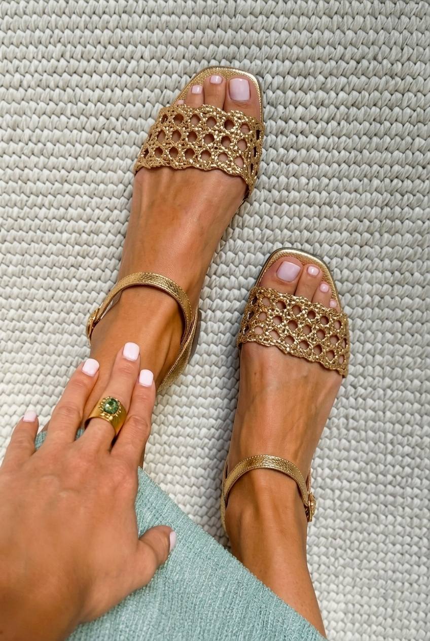 Chic Metallic Woven Low Sandals in Gold with Square Toe