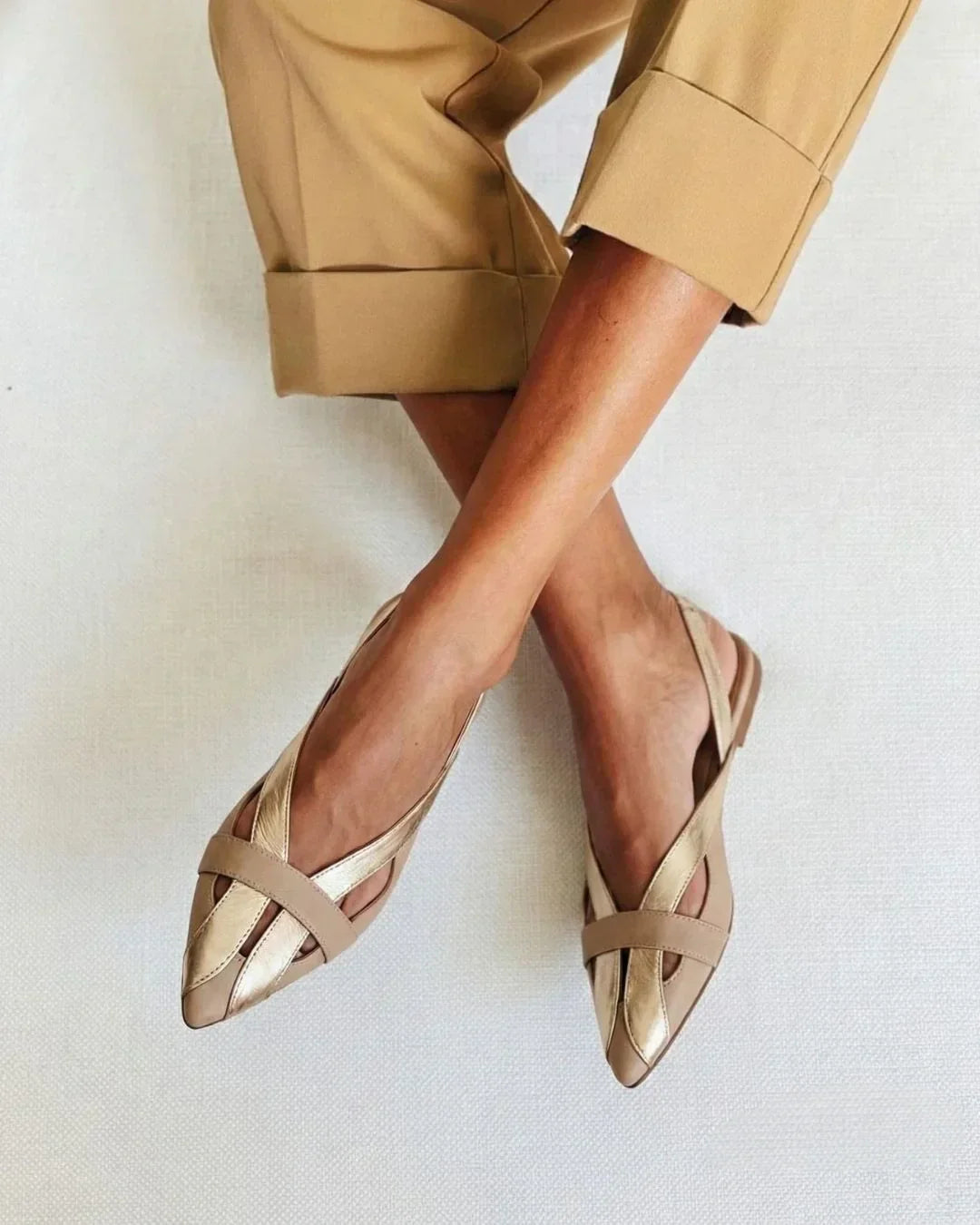 Chic Pointed Toe Colour Block Slingback Ballerinas in Gold