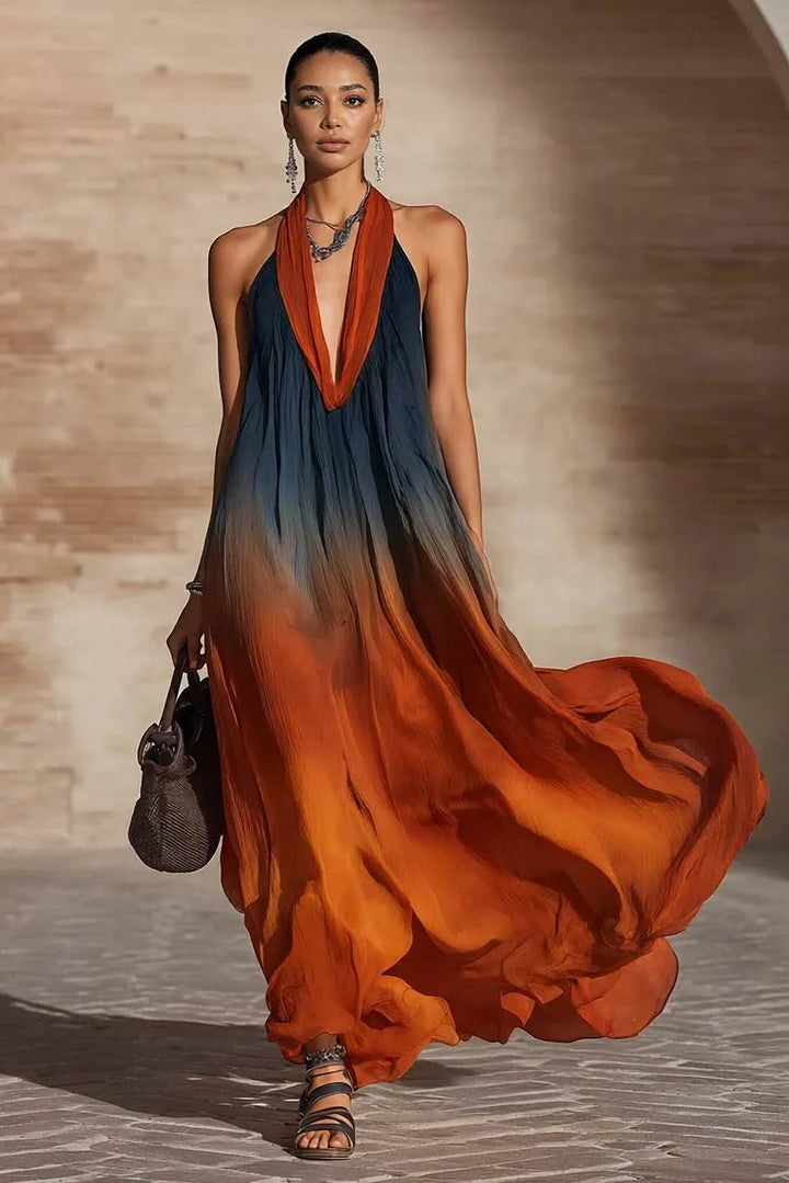 Paula | Long Ombre Dress with V Halter Neck