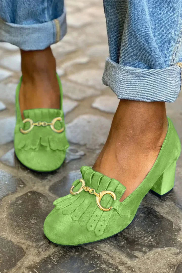 Wide matte round toe heels with buckle and fringes