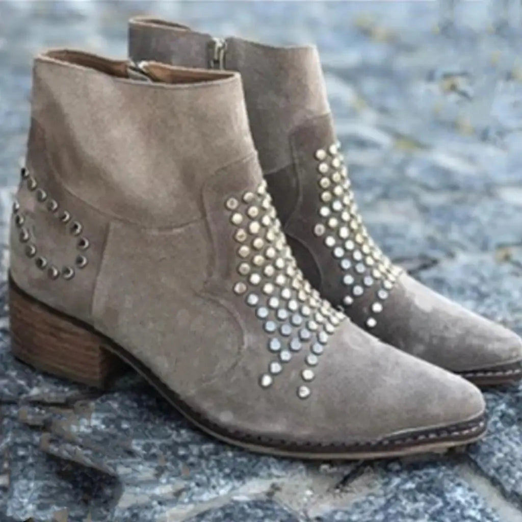 Chunky Pointed Suede Ankle Boots with Studs