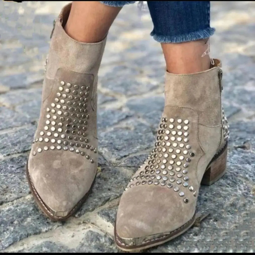 Chunky Pointed Suede Ankle Boots with Studs