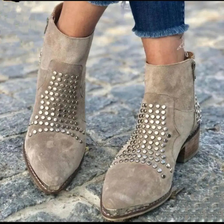 Chunky Pointed Suede Ankle Boots with Studs