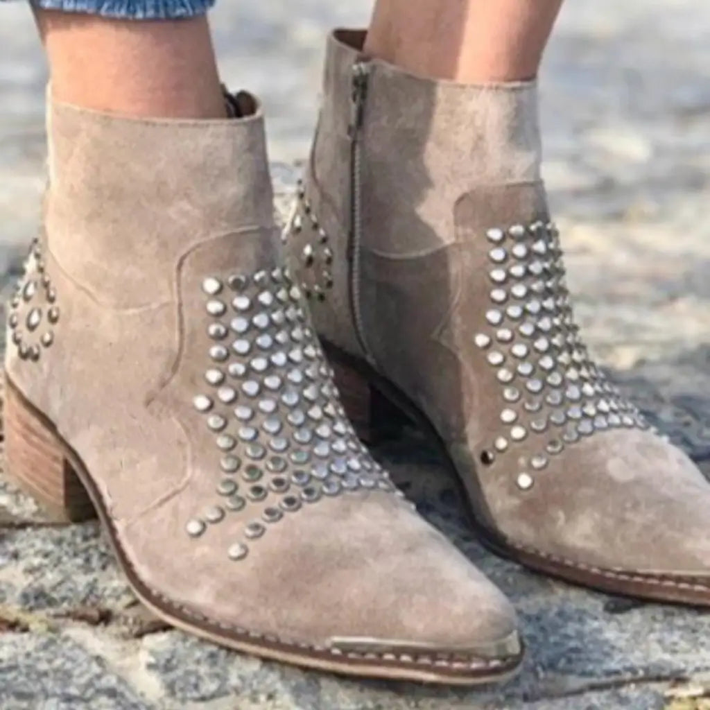 Chunky Pointed Suede Ankle Boots with Studs