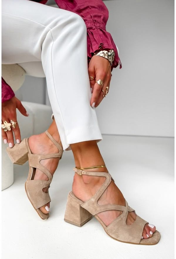 Beige Suede Block Heels with Square Toe and Ankle Strap