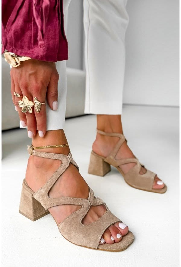 Beige Suede Block Heels with Square Toe and Ankle Strap
