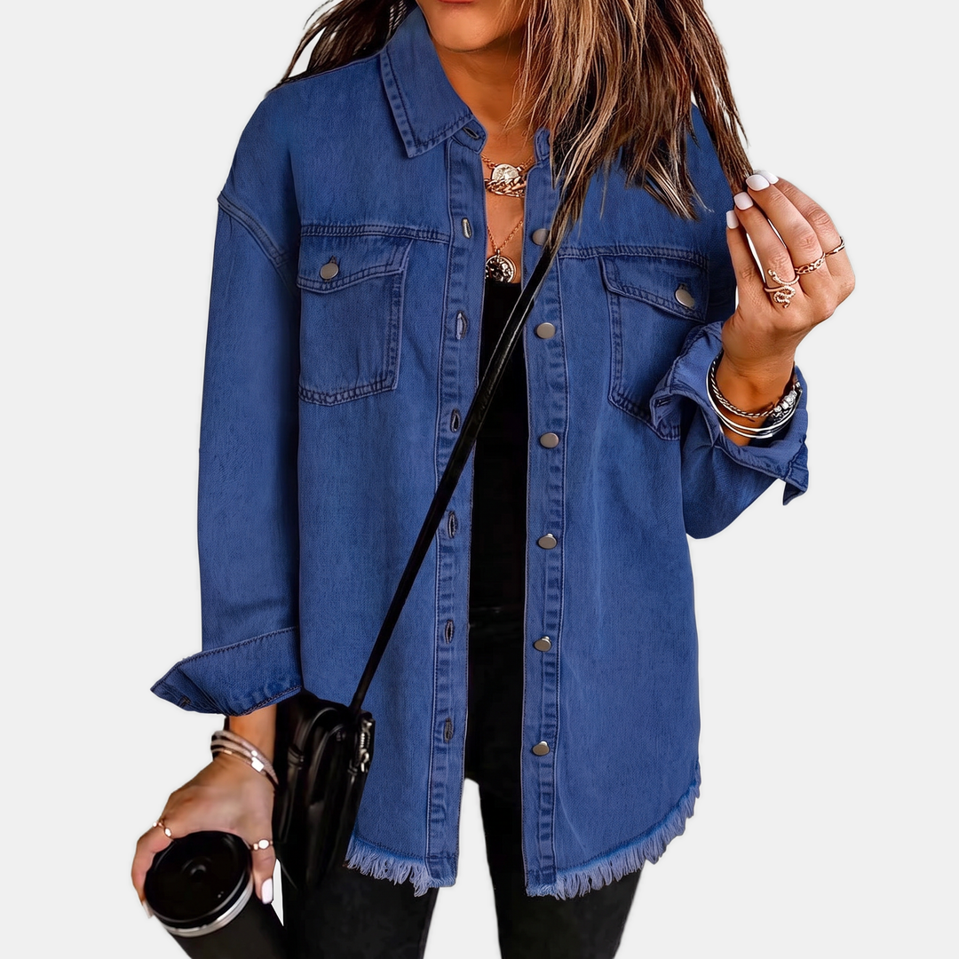 Women's Raw Hem Snap Button Washed Denim Jacket