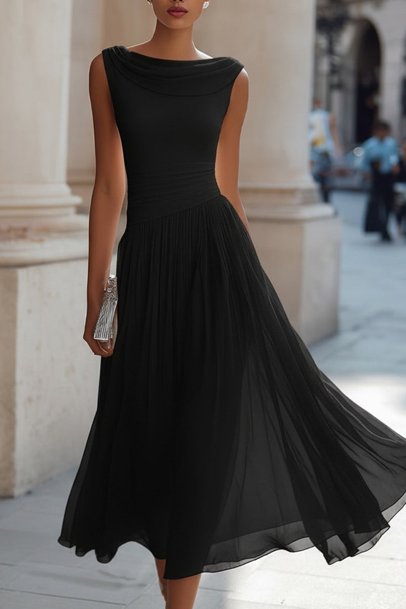 Black midi ceremony dress with sleeveless draped neckline and flowy pleated skirt