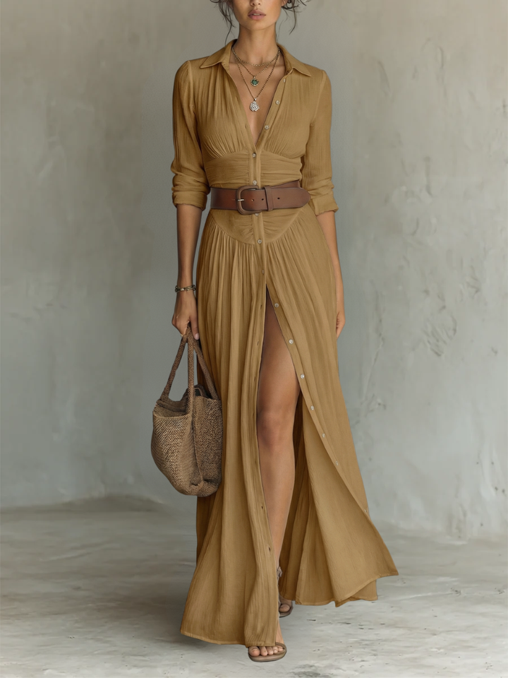 Pamela | Long Maxi Dress with Notched Collar and Long Sleeves