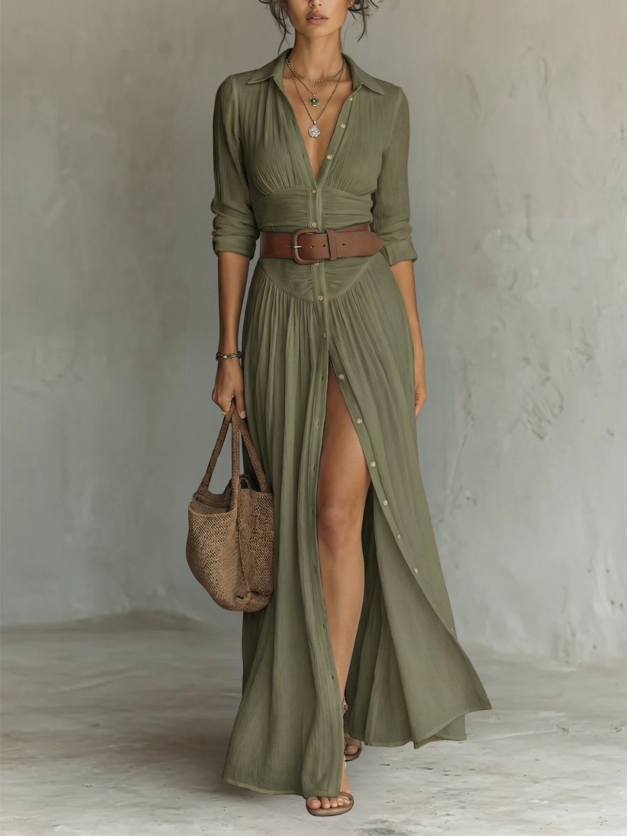 Pamela | Long Maxi Dress with Notched Collar and Long Sleeves