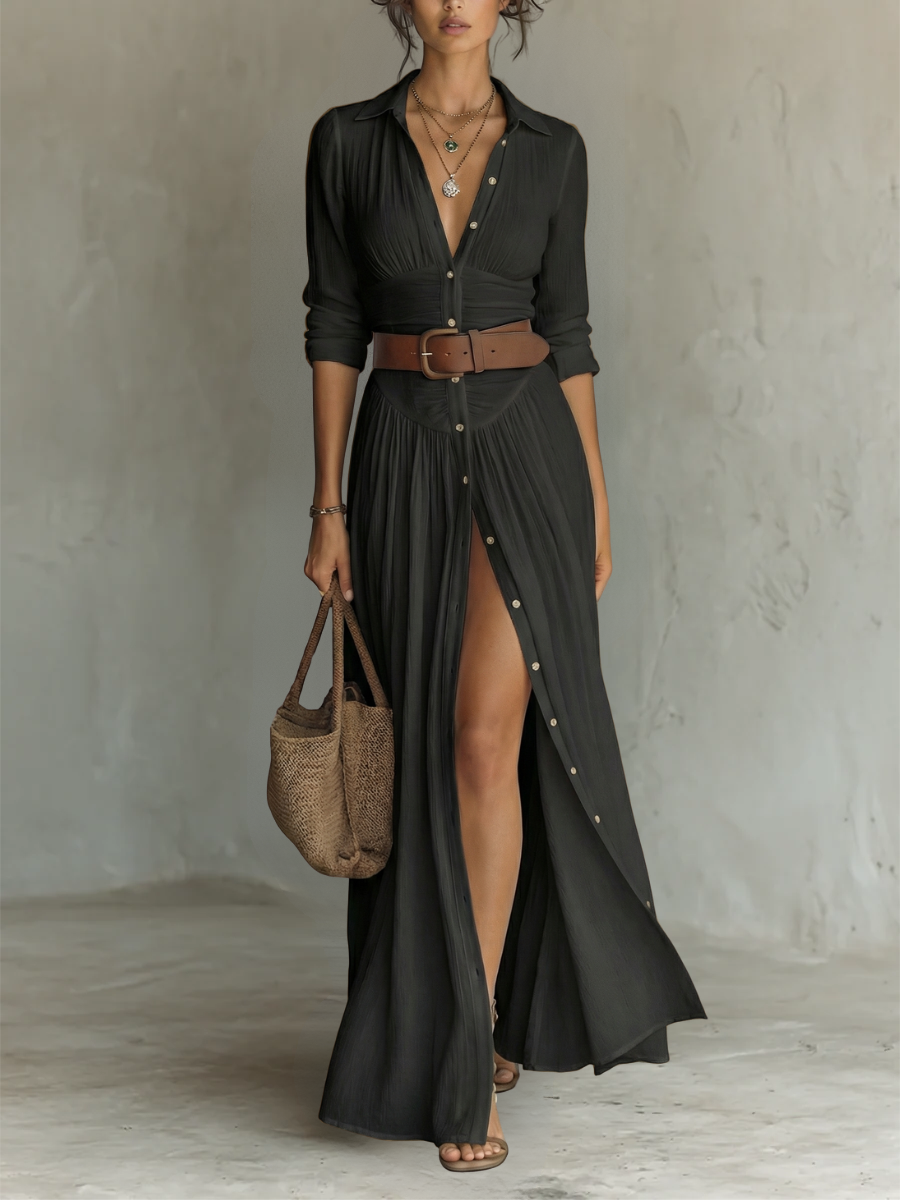 Pamela | Long Maxi Dress with Notched Collar and Long Sleeves