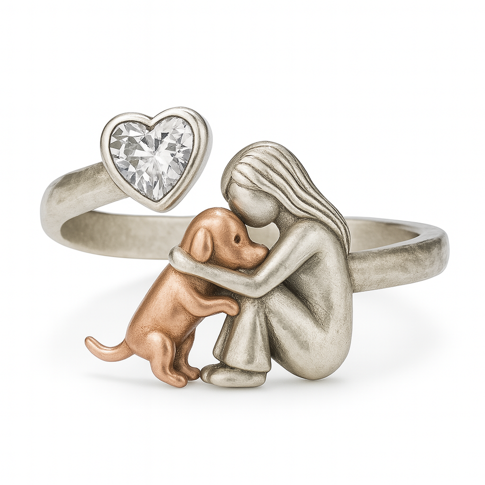 Silver adjustable ring with dog and heart zirconia on angel figure motif