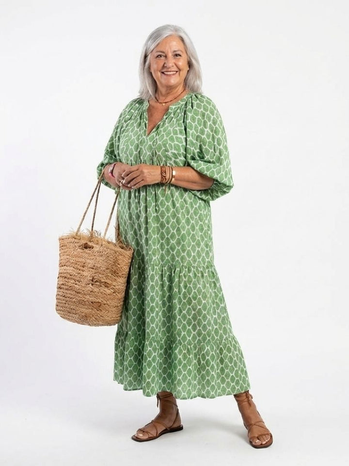 Apolline | Three-Quarter Sleeve V Neck Patterned Midi Dress