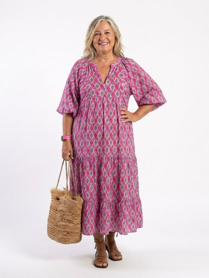 Apolline | Three-Quarter Sleeve V Neck Patterned Midi Dress