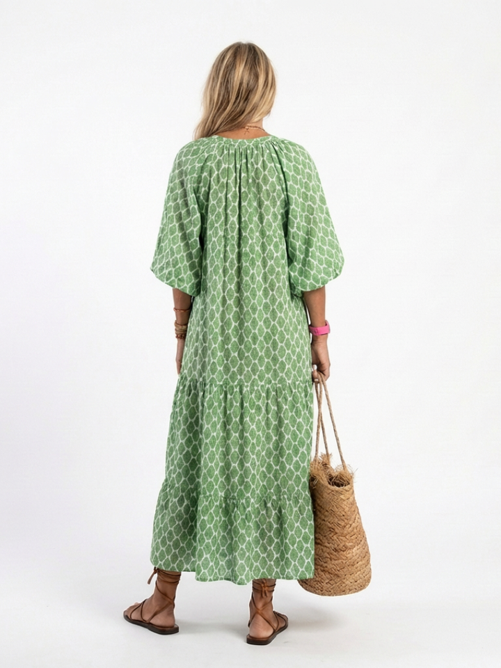 Apolline | Three-Quarter Sleeve V Neck Patterned Midi Dress
