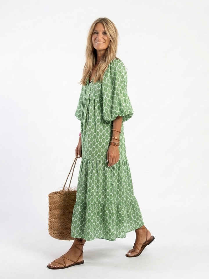 Apolline | Three-Quarter Sleeve V Neck Patterned Midi Dress