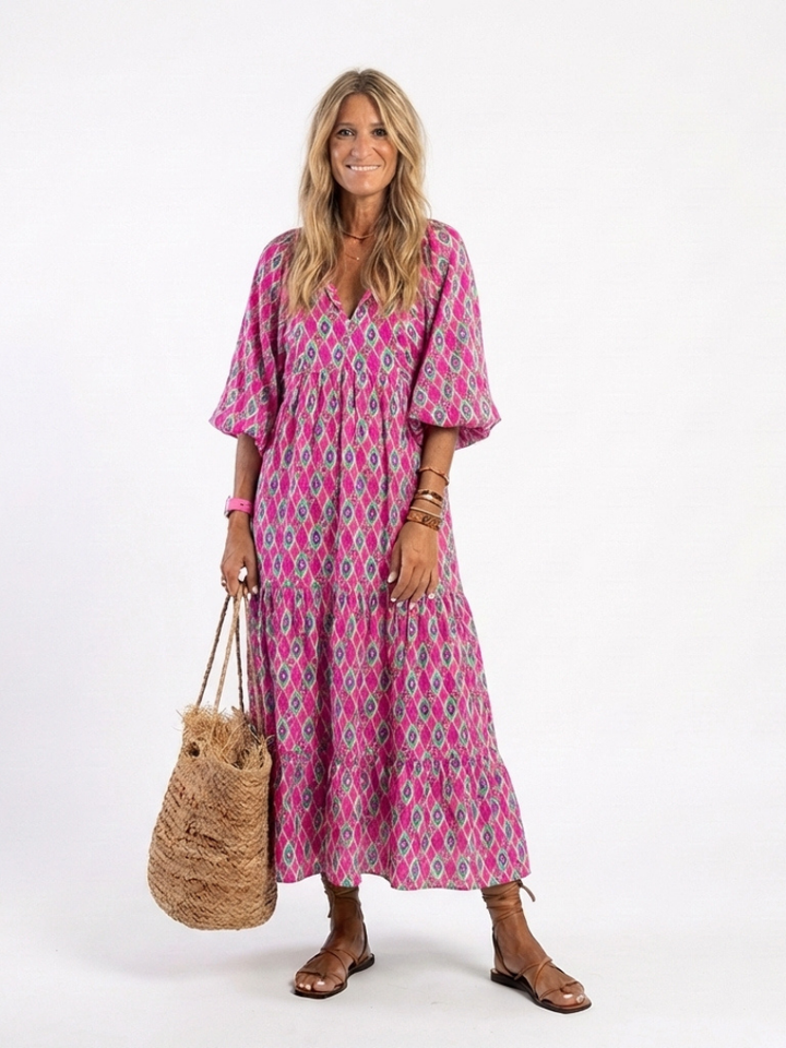 Apolline | Three-Quarter Sleeve V Neck Patterned Midi Dress