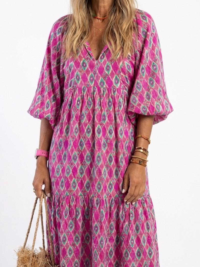 Apolline | Three-Quarter Sleeve V Neck Patterned Midi Dress