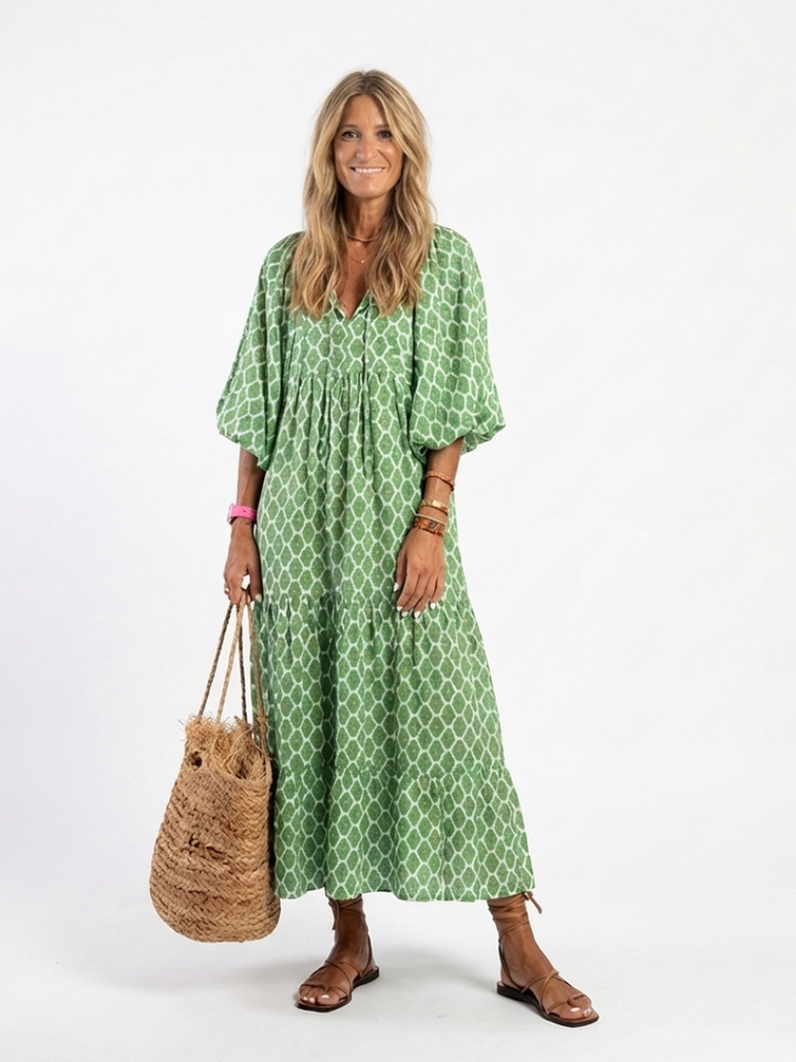 Apolline | Three-Quarter Sleeve V Neck Patterned Midi Dress