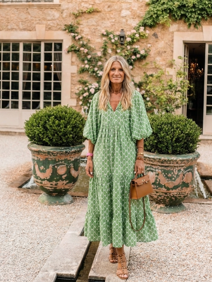 Apolline | Three-Quarter Sleeve V Neck Patterned Midi Dress