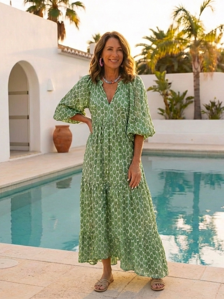 Apolline | Three-Quarter Sleeve V Neck Patterned Midi Dress