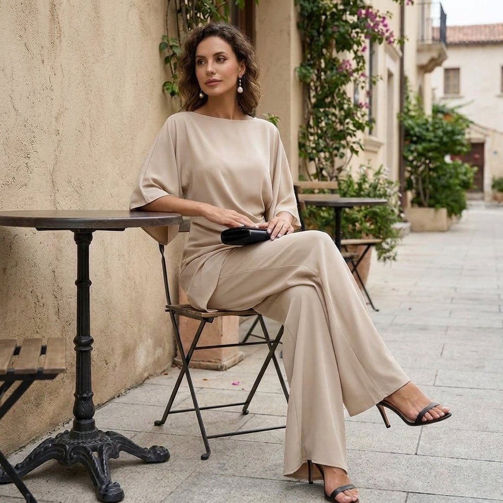 Beige draped blouse with wide-leg trousers set, wide sleeves and draped waist
