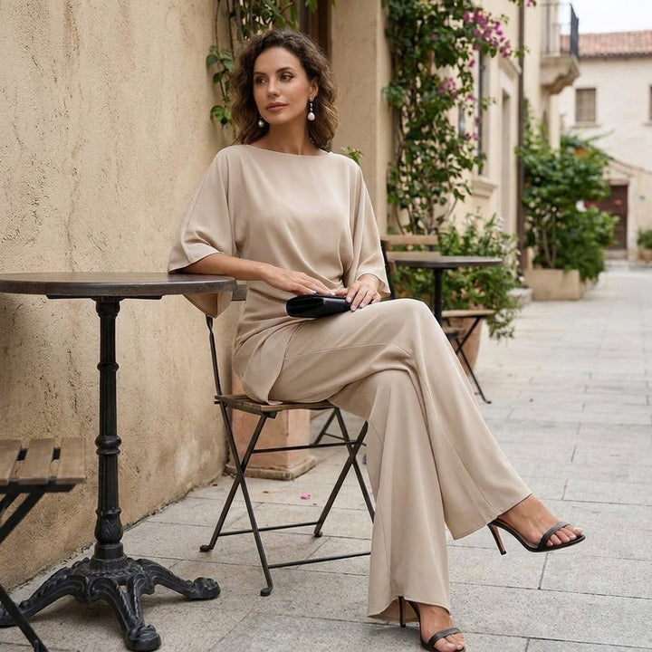 Beige draped blouse with wide-leg trousers set, wide sleeves and draped waist
