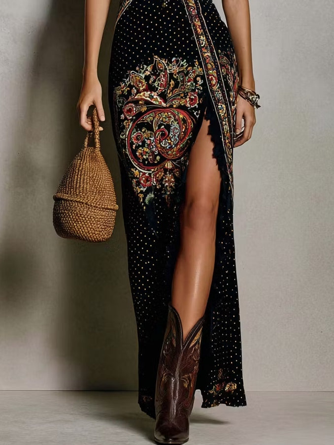 Bohemian Style Printed Dress with Deep V-Neck and High Split