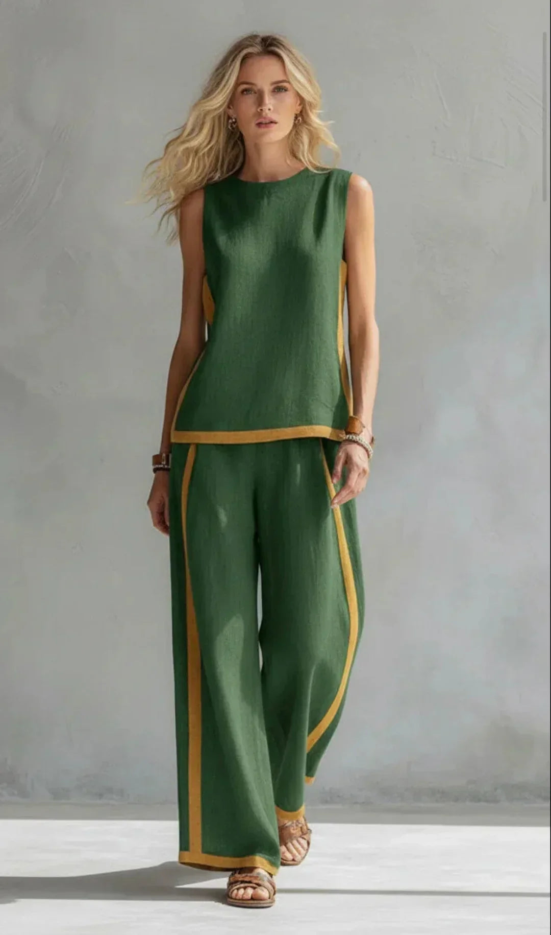 Ursula – Complete chic and casual gilet and trousers set with two-tone finishes