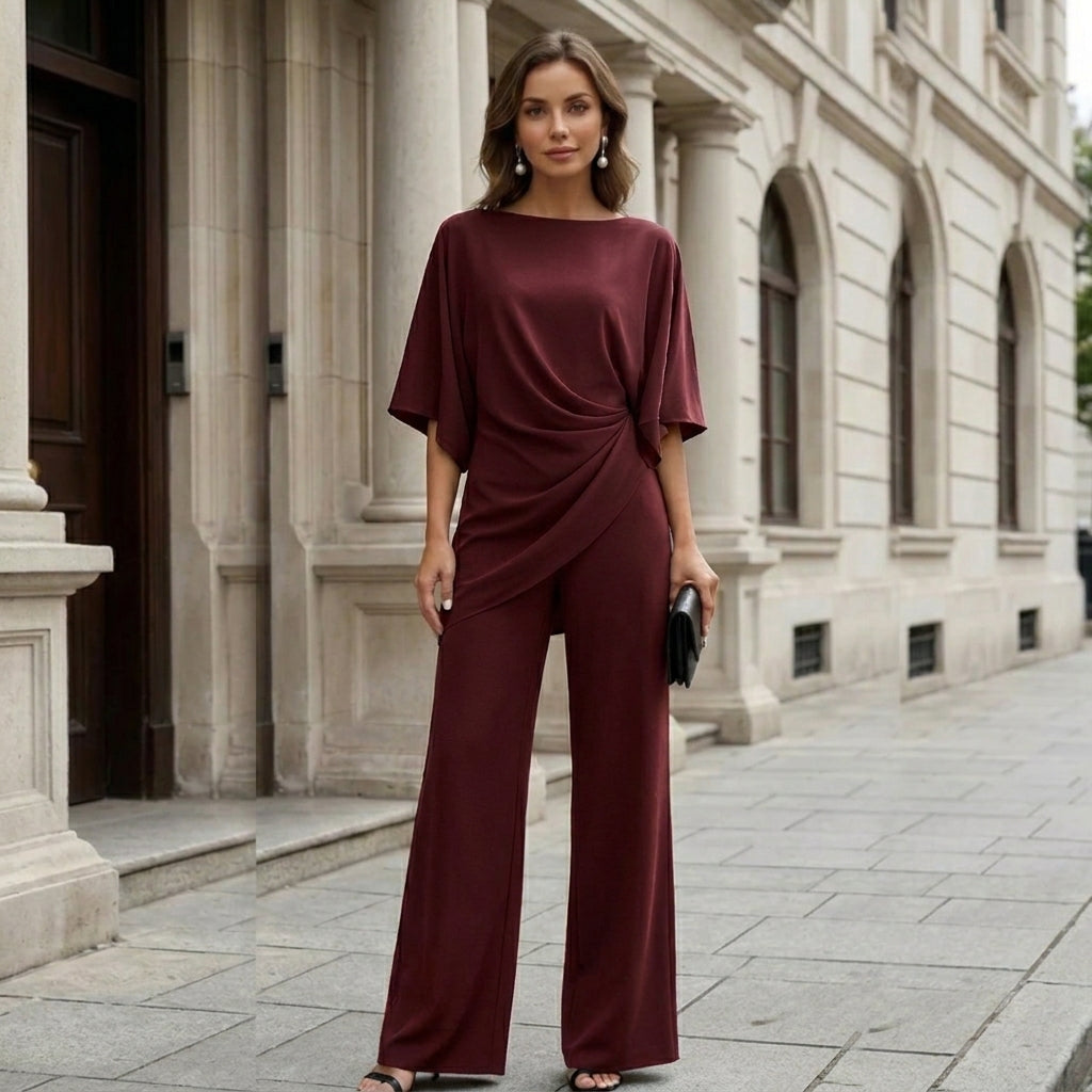 Burgundy draped blouse and wide-leg trousers set with wrap-style side drape