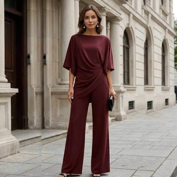 Burgundy draped blouse and wide-leg trousers set with wrap-style side drape