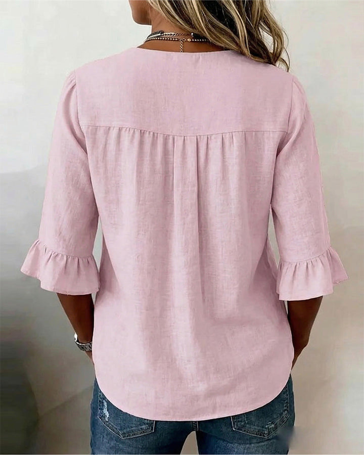 Sophia Solid Colour Blouse with Wooden Buttons and Ruffles