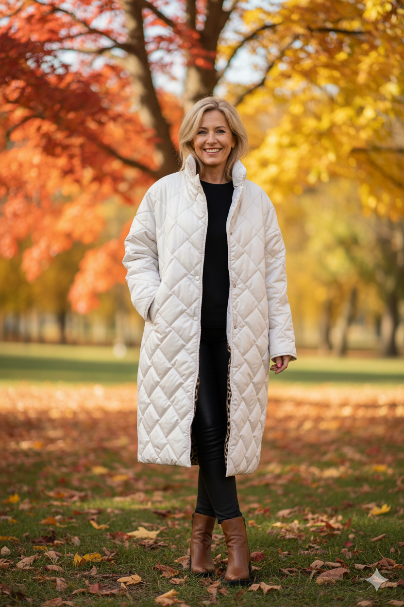 White reversible quilted jacket with leopard print lining, long quilted coat sleeves