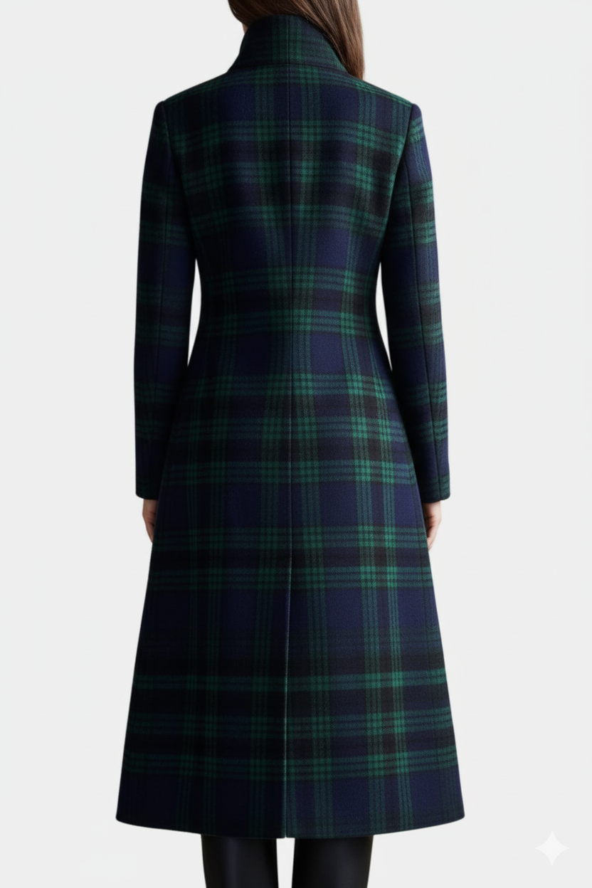 Back view of dark green plaid coat with long sleeves and long flared hem