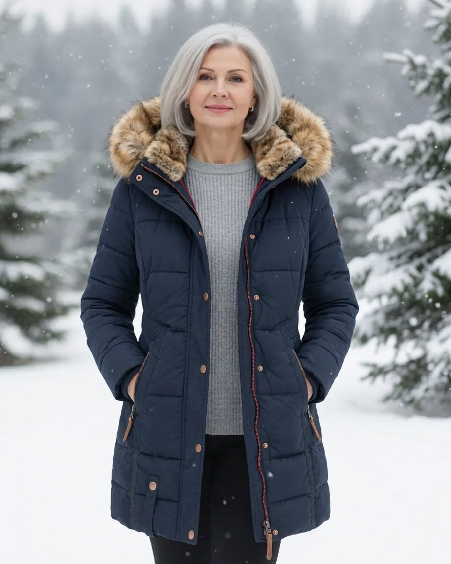 Solenne | Women's Mid-Length Padded Winter Jacket with Faux Fur Hood