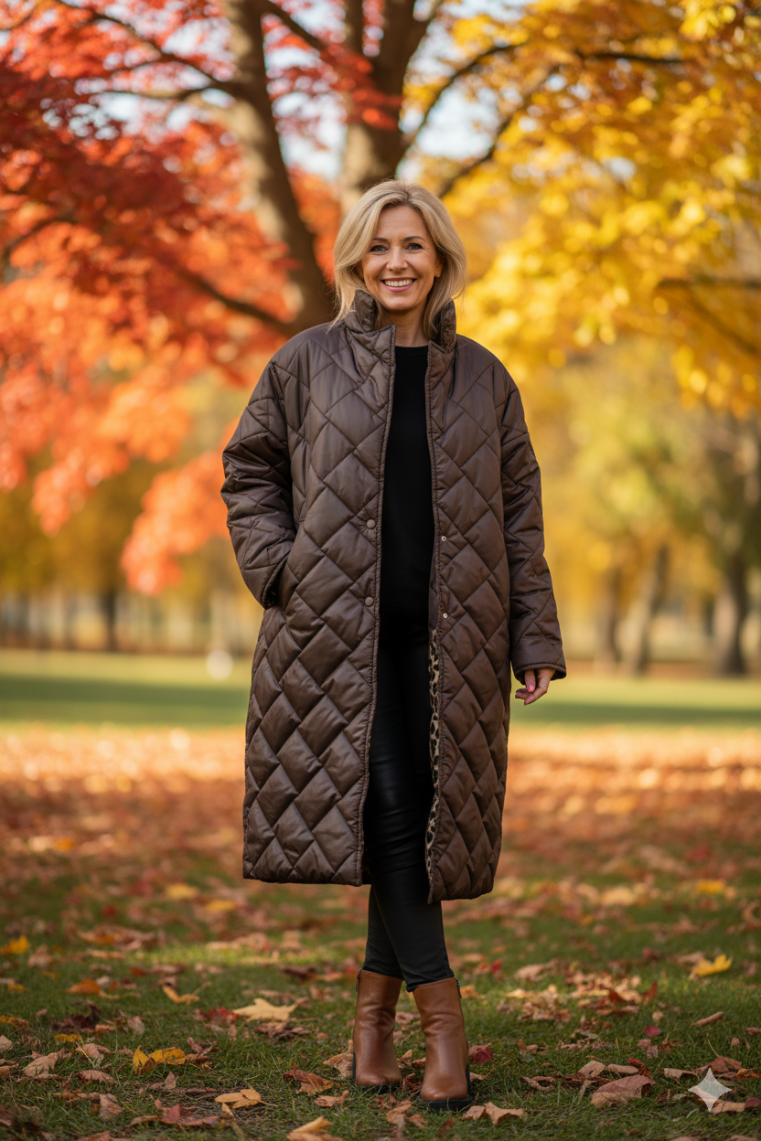 Dark brown reversible quilted jacket, diamond quilting with button front and long sleeves
