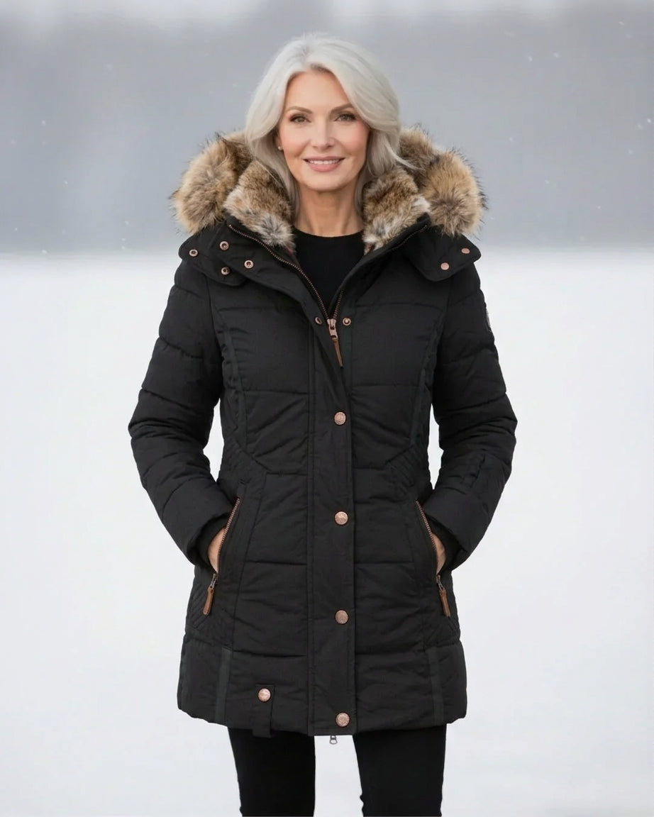 Solenne | Women's Mid-Length Padded Winter Jacket with Faux Fur Hood