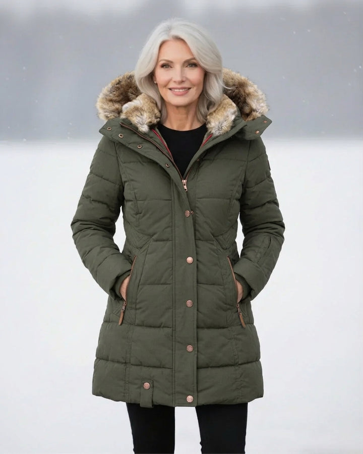 Solenne | Women's Mid-Length Padded Winter Jacket with Faux Fur Hood