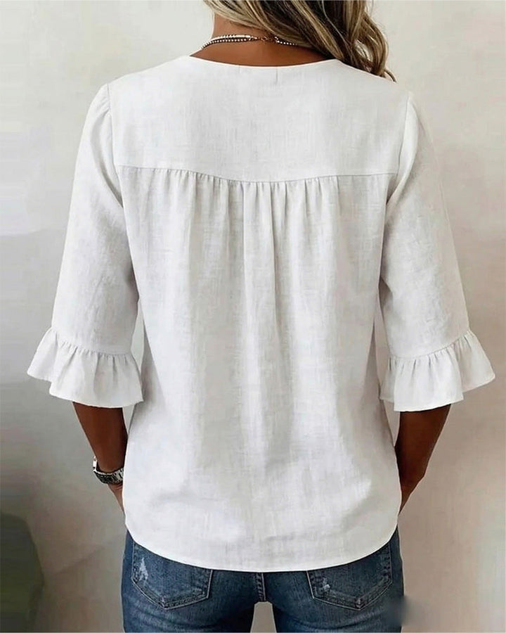 Sophia Solid Colour Blouse with Wooden Buttons and Ruffles