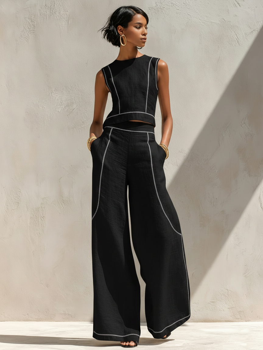 Moya | Contrast-Stitched Wide-Leg Trouser Set