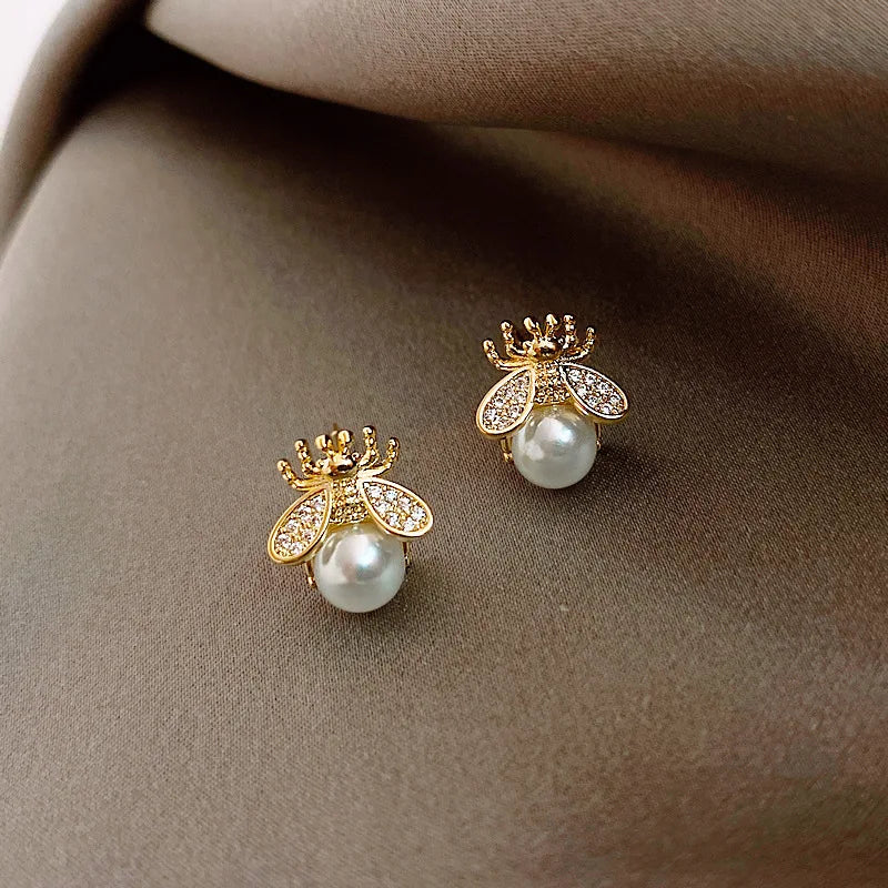 Honey Bee Pearl Stud Earrings – Elegant Gold-Tone Jewellery for Women