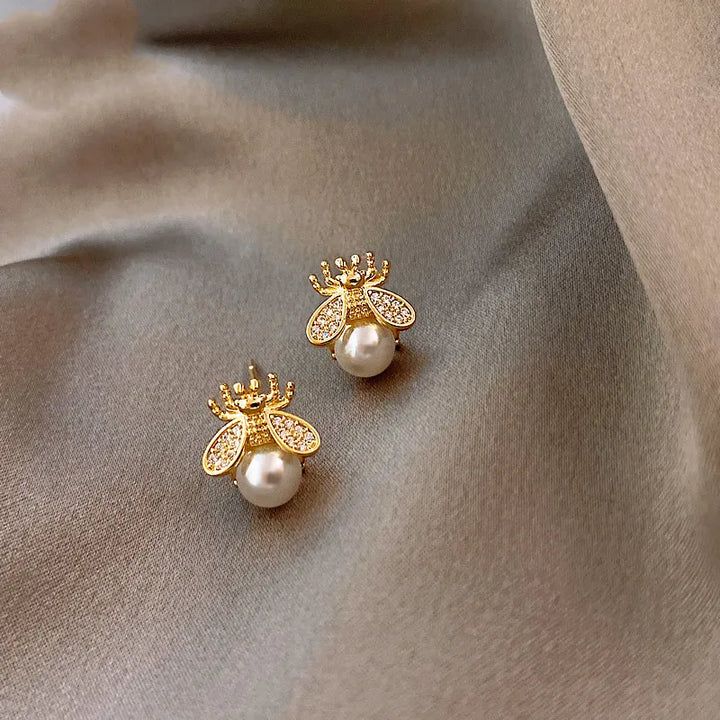 Honey Bee Pearl Stud Earrings – Elegant Gold-Tone Jewellery for Women